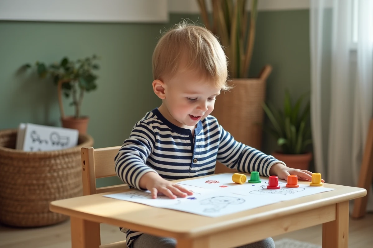 Enfant de maternelle petite section utilisant des tampons sur une activité imprimée gratuite pour apprendre les animaux
