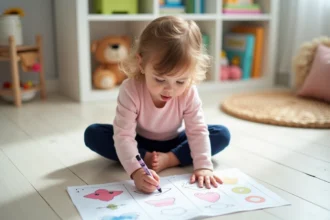 Petite fille de 2-3 ans faisant une activité graphique sur feuille imprimée pour la préparation à la maternelle petite section