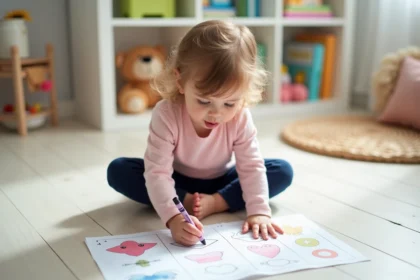 Petite fille de 2-3 ans faisant une activité graphique sur feuille imprimée pour la préparation à la maternelle petite section