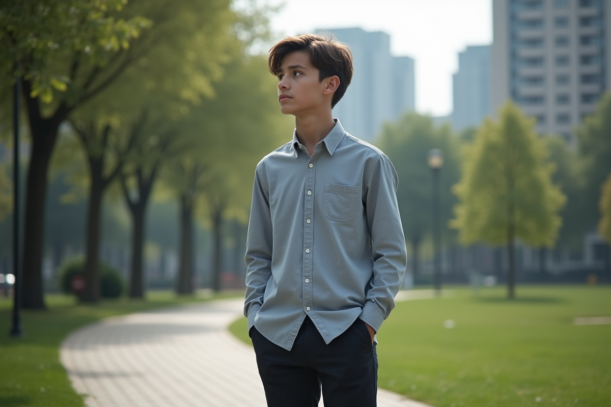 Adolescent regardant pensivement dans un parc urbain
