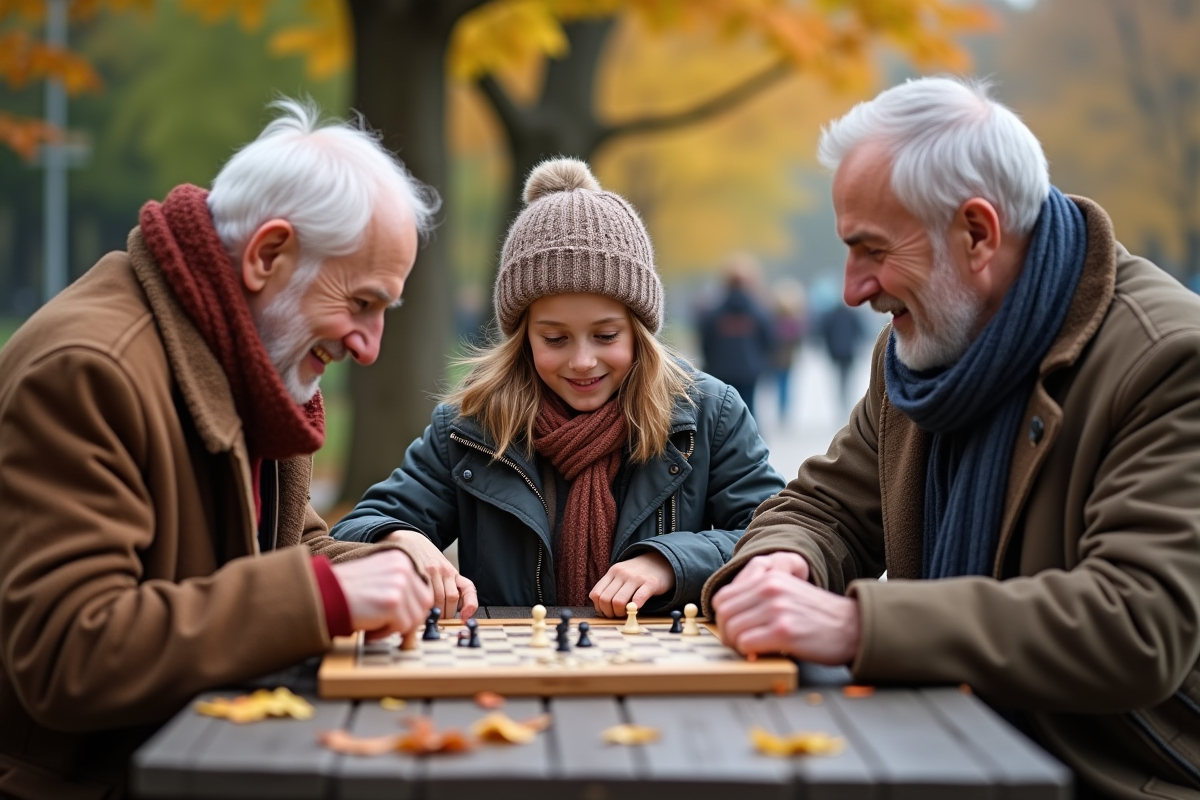 Adolescente et deux hommes âgés jouant à un jeu de société en plein air