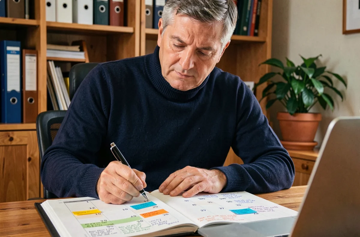 Homme d'affaires écrivant dans un agenda papier avec planification par semaines paires et impaires dans un bureau à domicile
