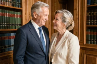 Couple élégant dans la soixantaine dans un intérieur parisien raffiné, évoquant la vie privée d'Alain Madelin et de son épouse
