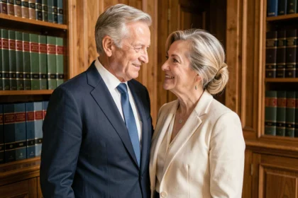 Couple élégant dans la soixantaine dans un intérieur parisien raffiné, évoquant la vie privée d'Alain Madelin et de son épouse