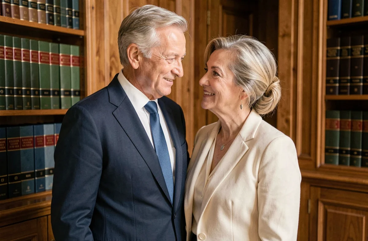 Couple élégant dans la soixantaine dans un intérieur parisien raffiné, évoquant la vie privée d'Alain Madelin et de son épouse