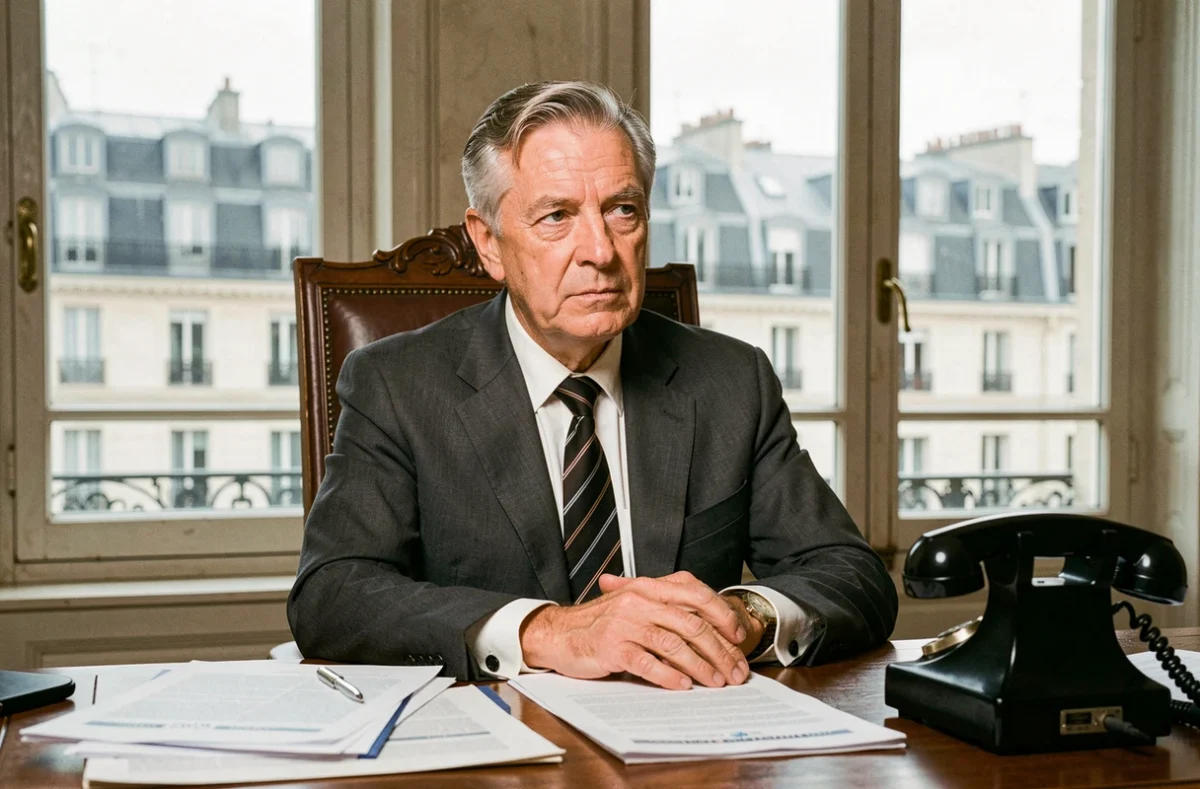 Portrait d'un homme politique français distingué assis à son bureau parisien, symbolisant la carrière publique d'Alain Madelin