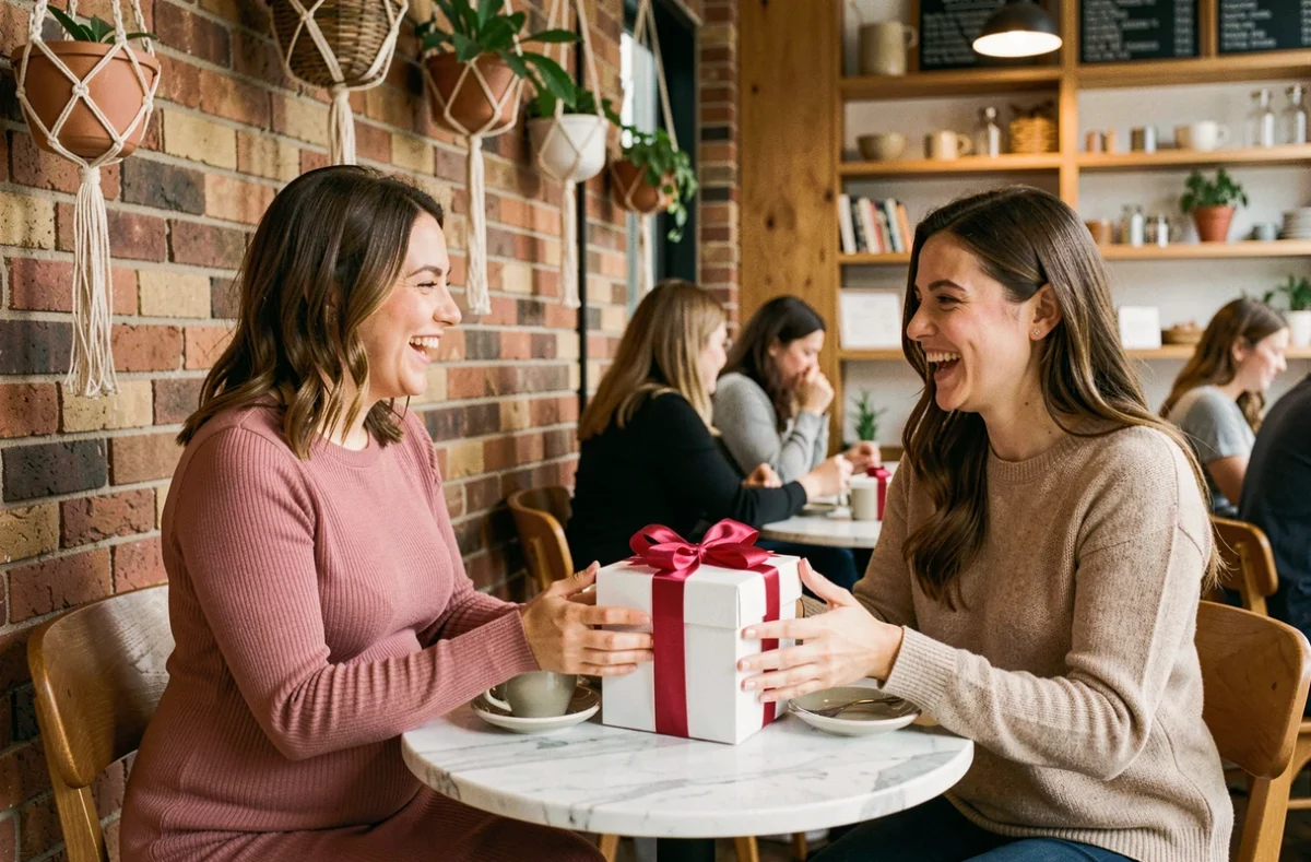 Deux amies dans un café, l'une enceinte recevant un coffret cadeau de maternité joliment emballé, partageant un moment de joie authentique