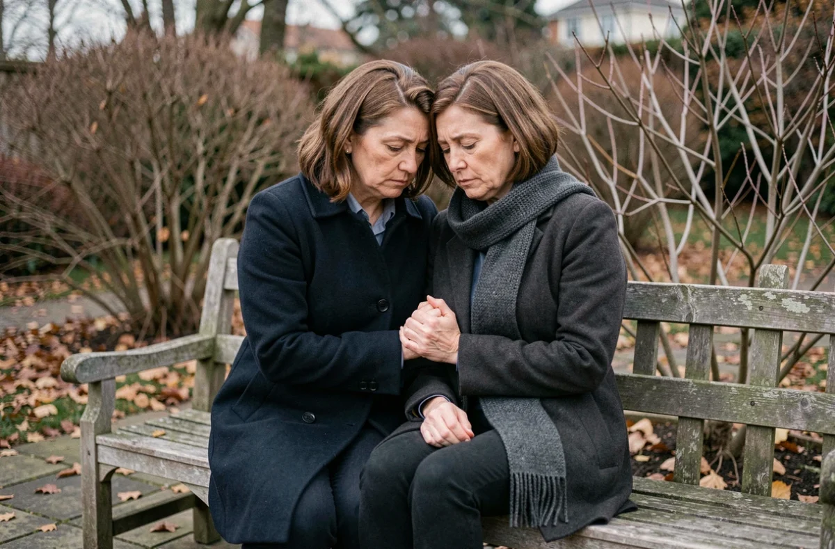 Deux amies en deuil se tenant la main dans un jardin d'automne, geste de soutien après la perte d'une mère