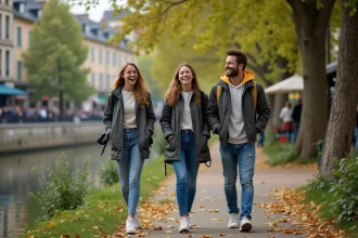 Groupe d'amis souriants en balade à SaintGermainLaye