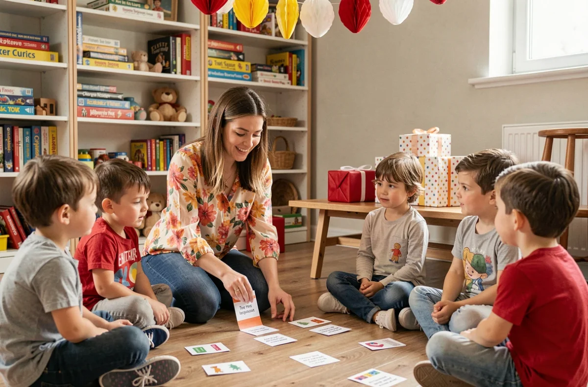 Animatrice organisant une chasse au trésor pour des enfants lors d'une fête d'anniversaire en intérieur