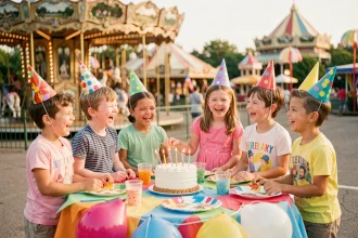 Groupe d'enfants fêtant un anniversaire autour d'une table décorée dans un parc d'attractions en Alsace