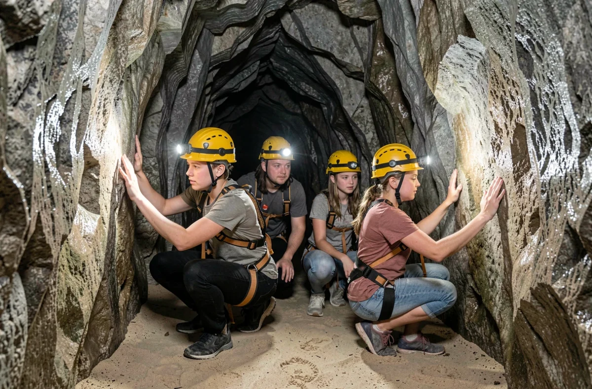 Famille équipée de casques et harnais explorant une grotte souterraine lors d'une initiation à la spéléologie dans le Vercors