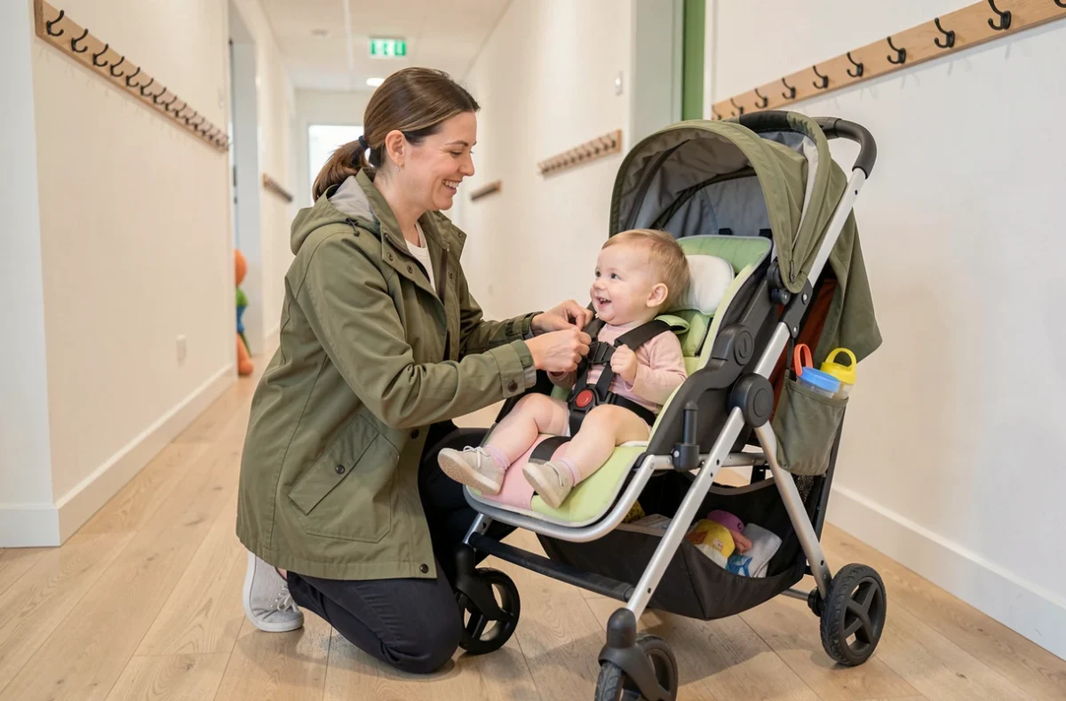 Assistante maternelle attachant le harnais d'un enfant dans une poussette Familidoo 4 places à l'intérieur d'une crèche moderne