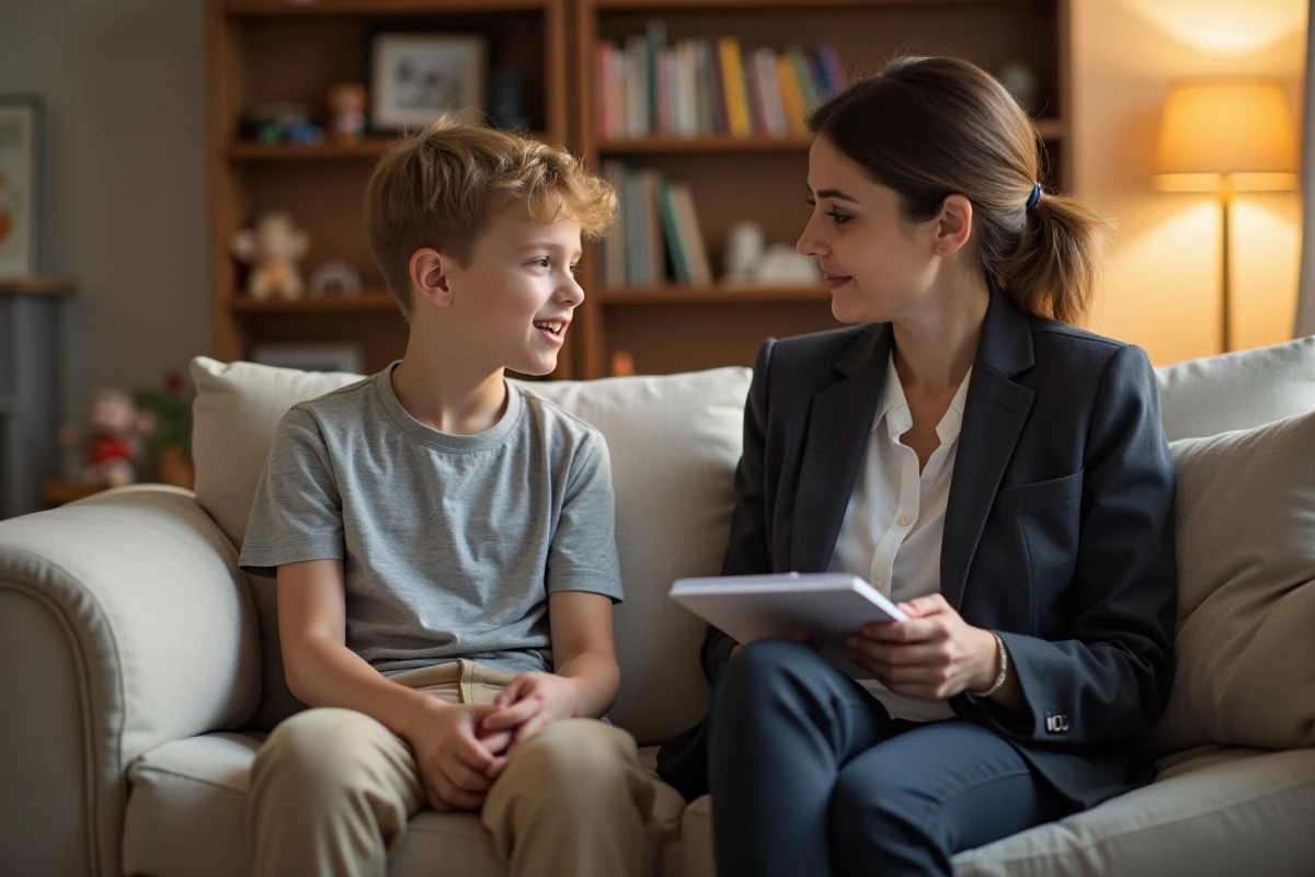 Adolescent et mère discutent dans un salon accueillant