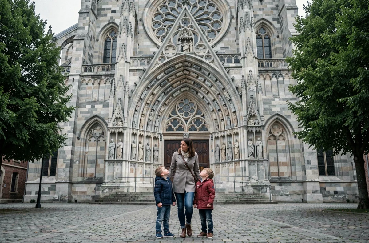 Mère et enfants devant le portail gothique de la Basilique cathédrale de Saint-Denis