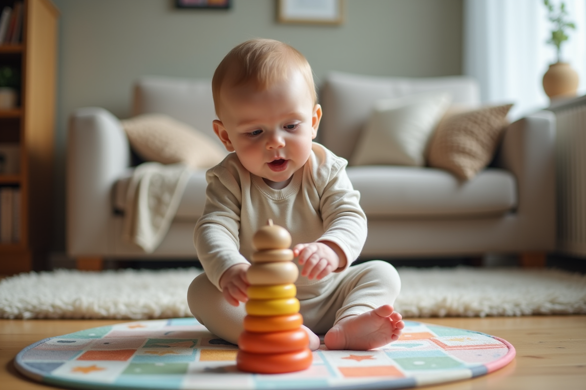 Bébé garçon de 8 mois assis sur tapis coloré jouant