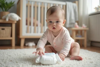 Bébé curieux touchant un couche jetable dans une nurserie