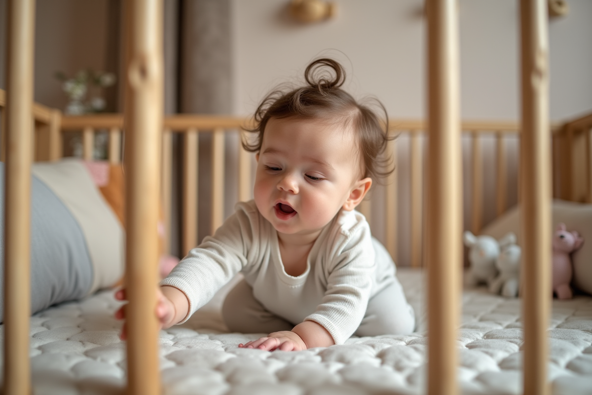 Bébé fille dans un lit en bois doux et pastel