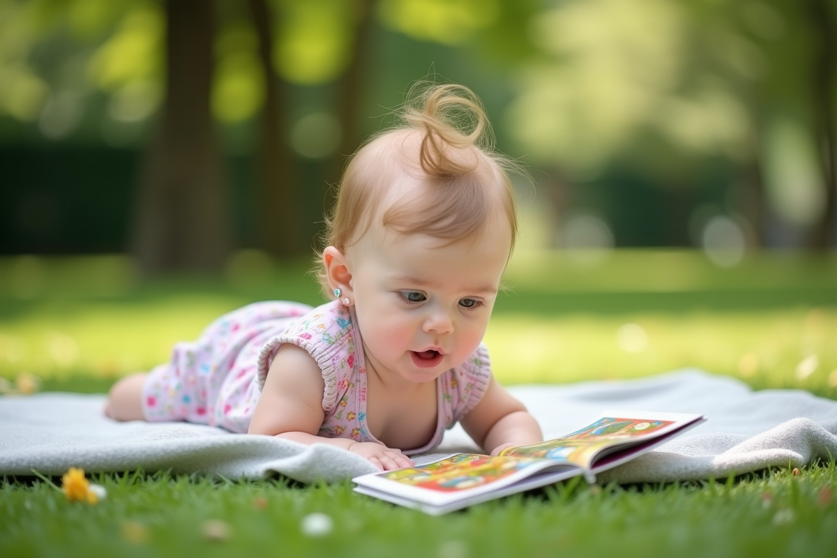 Bébé fille de 8 mois lisant un livre dans un parc vert