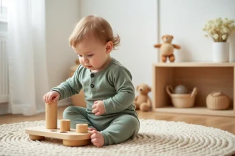 Bébé de 12 mois jouant avec un jeu Montessori en bois de tri de formes sur un parquet naturel dans une chambre minimaliste