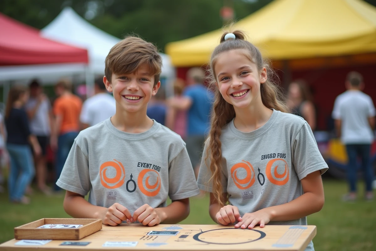 Deux jeunes bénévoles gérant un stand de lancer d'anneaux avec fiches de scores imprimées lors d'une kermesse