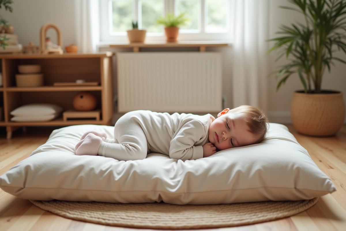 Bébé fille paisible dans un lit Montessori en bois naturel