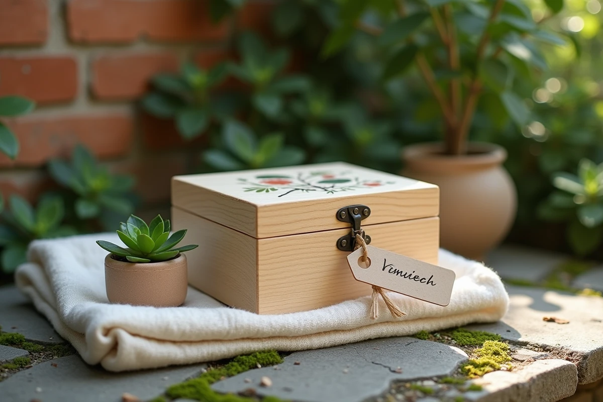 Boîte à souvenirs en bois peinte à la main avec couverture en mousseline bio et succulent en pot, cadeau de baptême durable et personnalisé