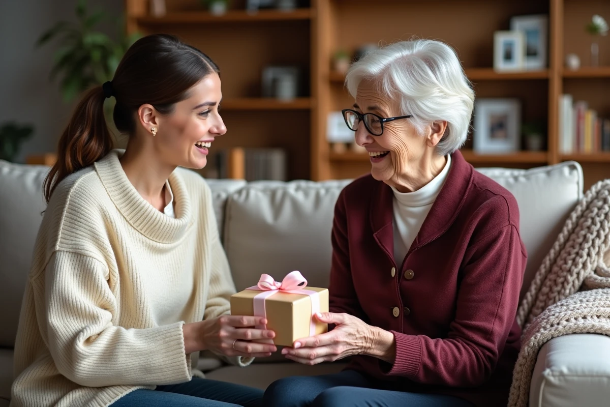 Femme remettant un cadeau d'annonce de grossesse à une grand-mère dans un salon familial chaleureux