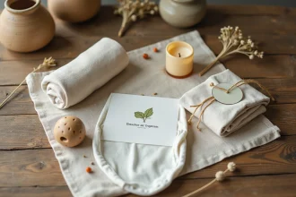 Cadeaux de baptême écoresponsables disposés en flat lay sur lin naturel avec jouet en bois, body coton bio et bougie en cire d'abeille