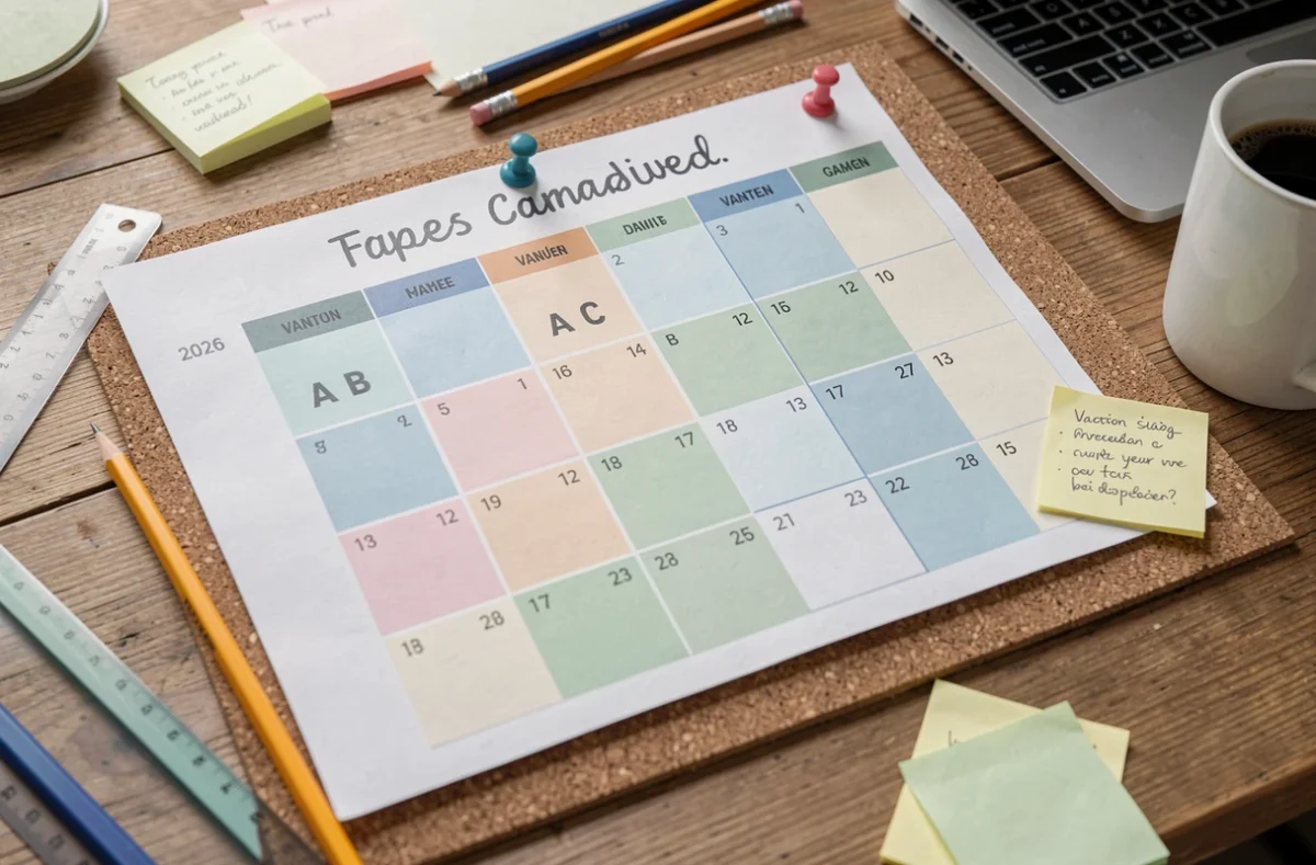 Calendrier scolaire 2026 avec les zones A B et C affichées sur un bureau avec des fournitures scolaires