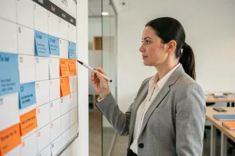 Femme professionnelle pointant un calendrier mural avec semaines paires et impaires colorées dans un bureau moderne