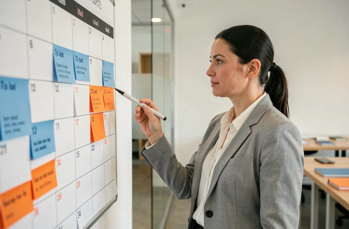 Femme professionnelle pointant un calendrier mural avec semaines paires et impaires colorées dans un bureau moderne