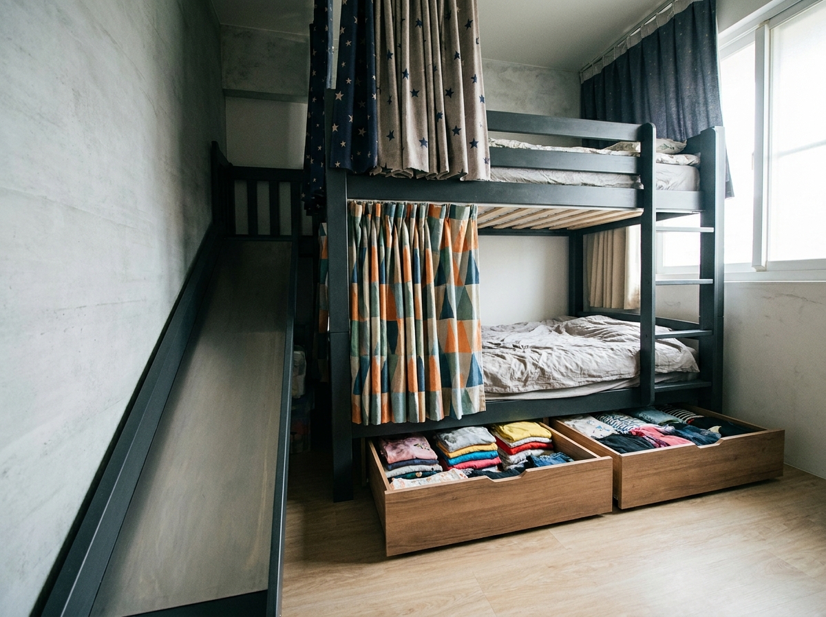 Chambre partagée avec lit cabane superposé en métal anthracite, toboggan et rangements sous le lit