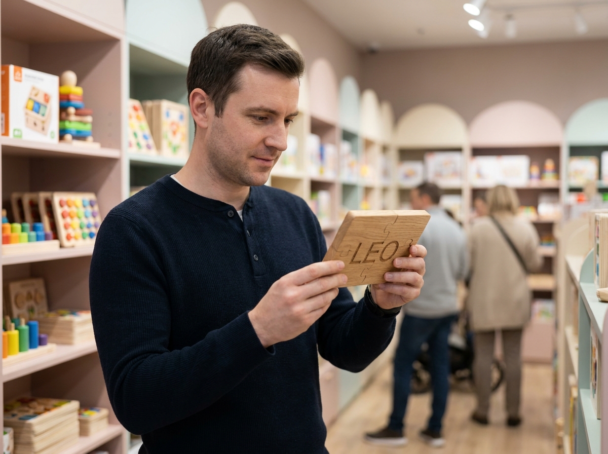 Homme dans un magasin de jouets inspectant un puzzle en bois personnalisé avec des lettres gravées au nom d'un enfant
