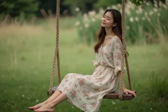 Jeune femme nostalgique assise sur une balançoire en bois dans un jardin verdoyant, évoquant les souvenirs d'enfance