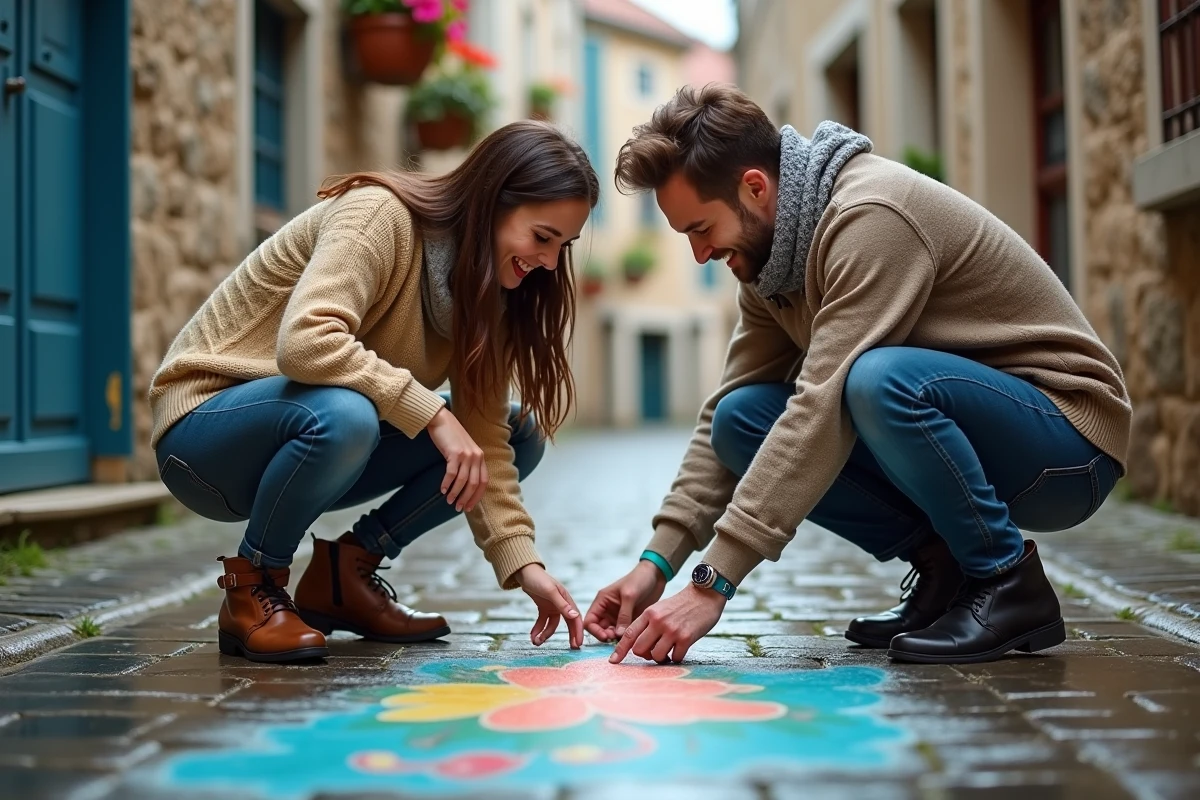 Deux adultes accroupis dans une rue pavée européenne, riant devant un dessin à la craie coloré évoquant l'insouciance de l'enfance