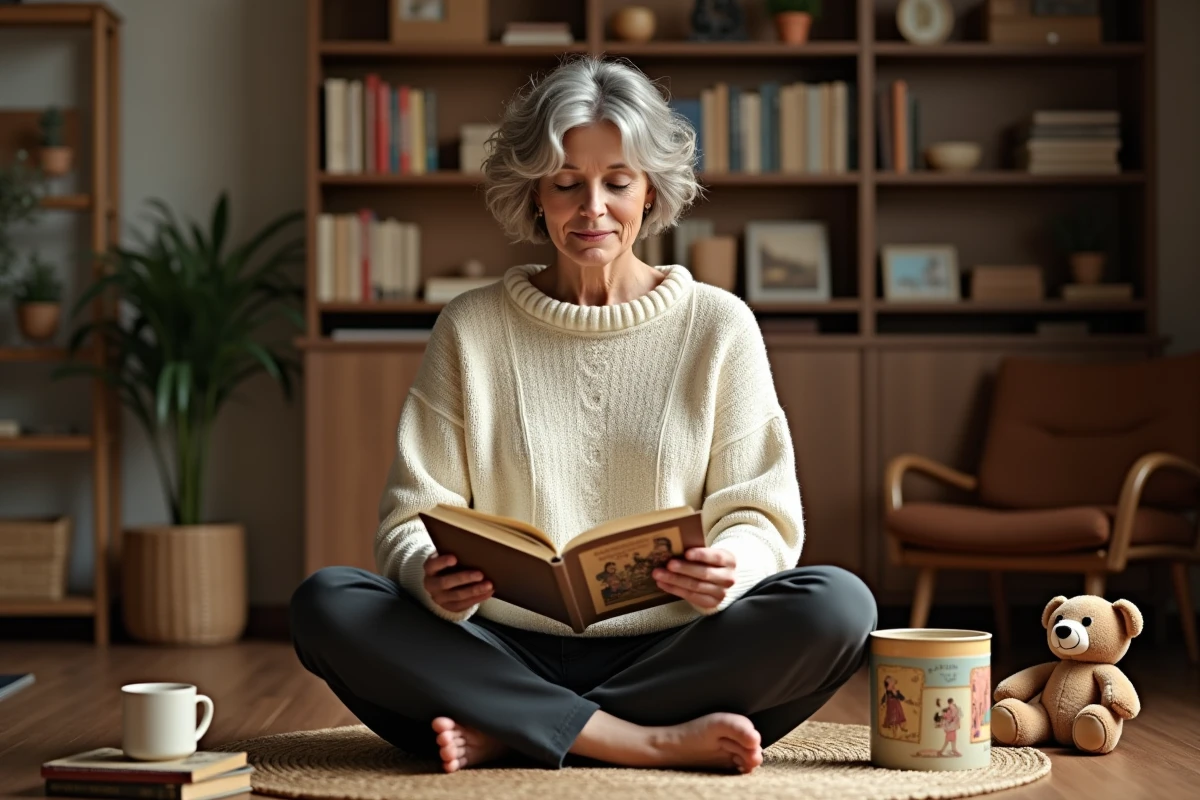 Femme d'âge mûr lisant un vieux livre illustré pour enfants sur un plancher en bois, entourée d'objets nostalgiques de l'enfance