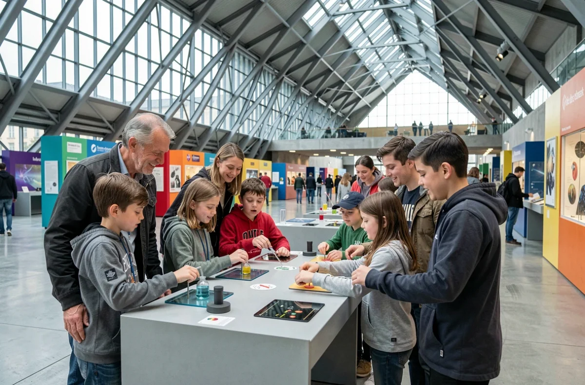 Enfants et parents explorant les expositions interactives de la Cité des Sciences et de l'Industrie