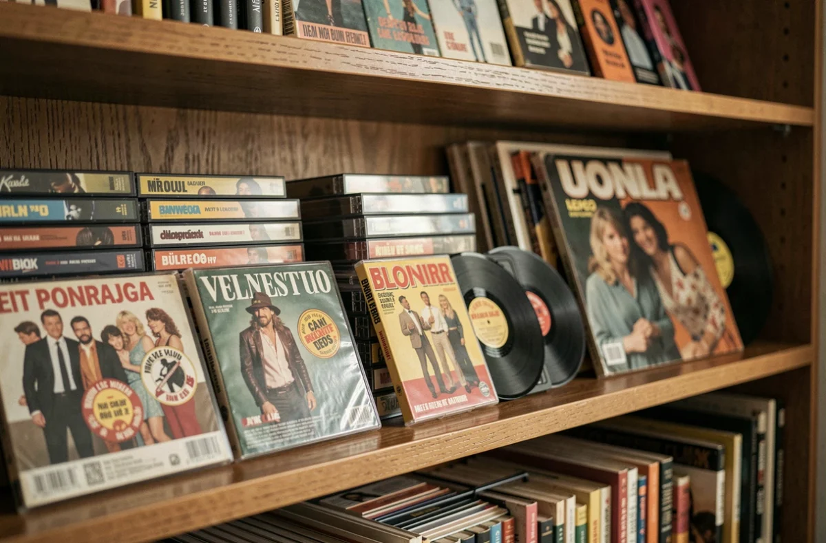 Collection de memorabilia de la télévision française des années 80 avec cassettes VHS, magazines et badges de fans