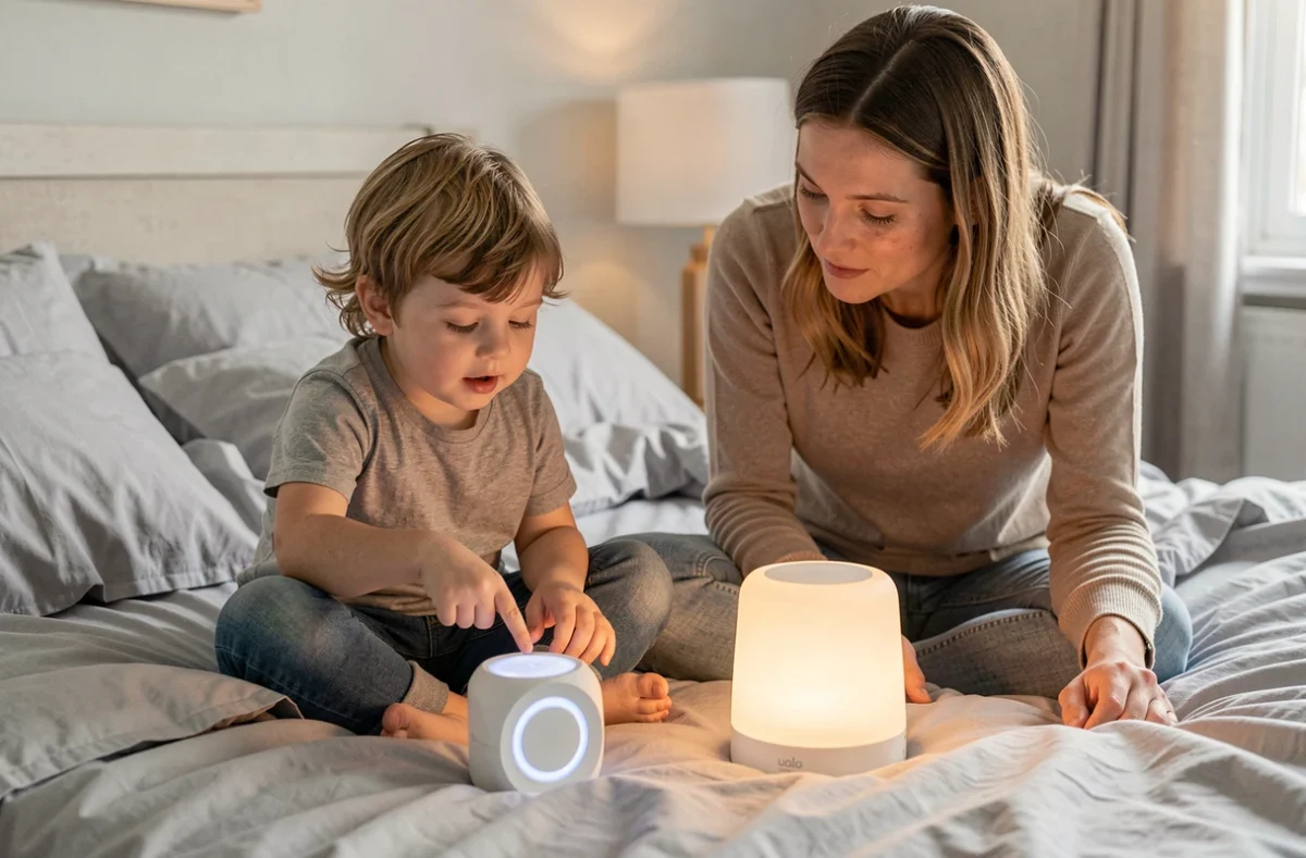Parent et enfant de 4 ans comparant deux modèles de veilleuses posés sur un lit, l'un tactile et l'autre nomade
