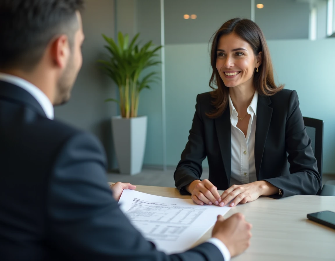 Femme en consultation juridique avec un avocat examinant un relevé financier pour déterminer les revenus retenus dans le calcul de la pension alimentaire