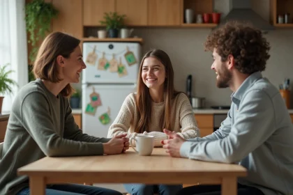 Jeune femme et couple discutent dans une cuisine chaleureuse