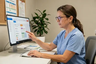 Coordinatrice de soins consultant le portail Médisysnet sur un ordinateur dans un bureau administratif médical