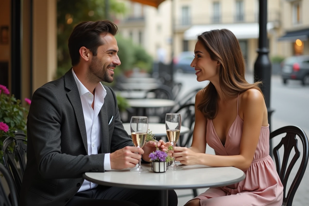 Couple célébrant discrètement en terrasse avec champagne dans une ambiance parisienne intimiste