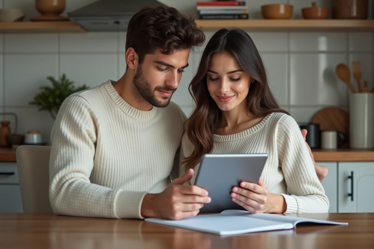 Jeune couple créant une liste de bébé sur une tablette