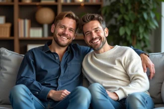 Deux hommes souriants assis ensemble sur un canapé dans un salon moderne, illustrant la complicité d'un couple
