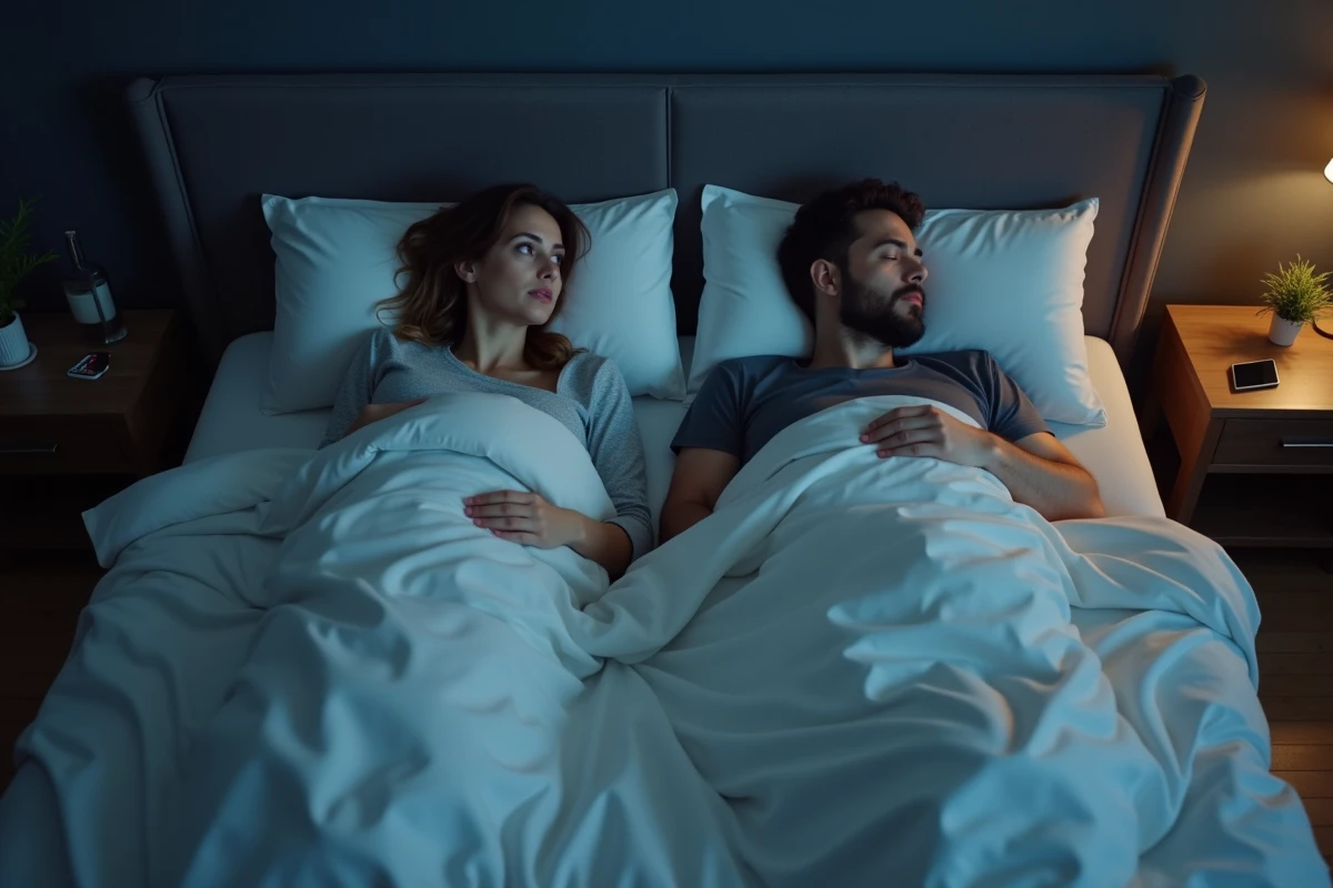 Couple dans un lit, femme éveillée et anxieuse après un rêve d'infidélité pendant que son mari dort