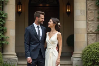 Couple élégant souriant discrètement devant une architecture en pierre lors d'une célébration de mariage intime