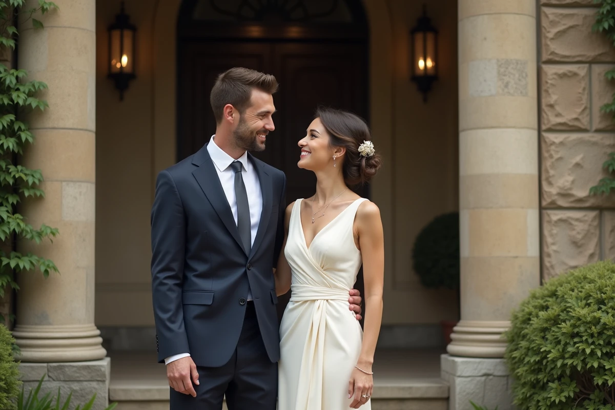 Couple élégant souriant discrètement devant une architecture en pierre lors d'une célébration de mariage intime