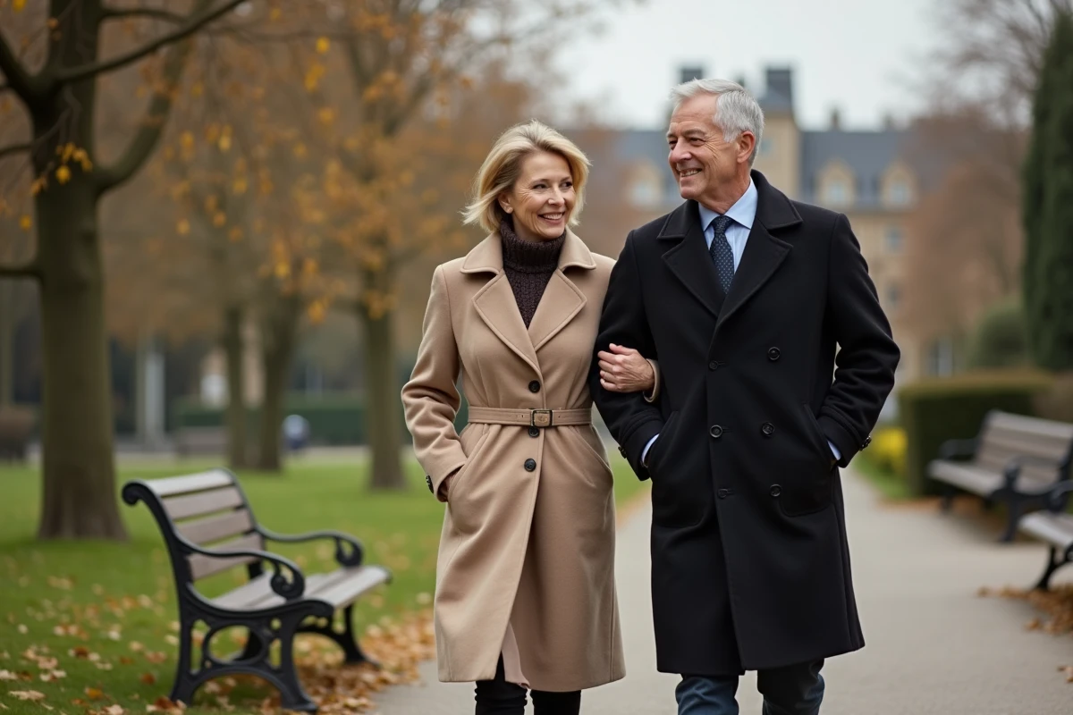Couple marche dans un parc urbain en automne
